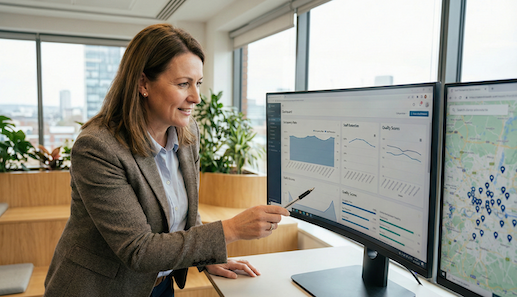 A care home operations director reviewing data on a large monitor in a bright modern office, dashboard visible on screen showing multiple care home performance metrics, the person is focused and confident, business casual attire, clean contemporary office environment, a second screen showing a map with location pins, warm but professional lighting, conveying competent leadership and oversight across a network of care facilities