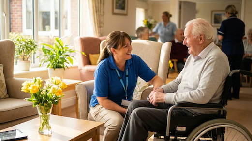 A care home activity coordinator kneeling beside an elderly resident in a wheelchair, both smiling and engaged in a one-to-one conversation, the coordinator holding a tablet naturally at their side, bright airy care home lounge with comfortable armchairs and fresh flowers, soft natural daylight, genuine warmth and connection between the two people
